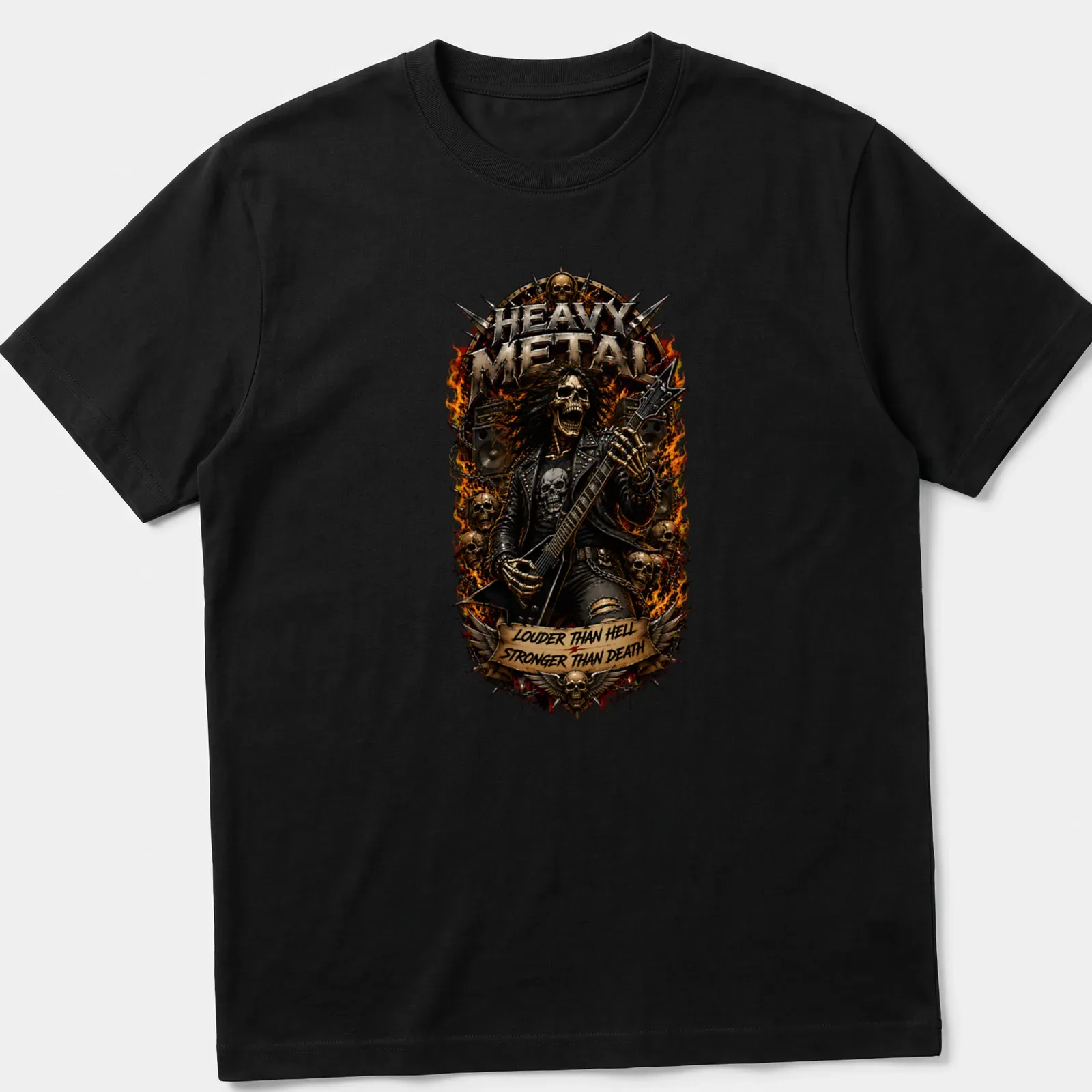 Illustration of a skeleton guitarist with heavy metal text in black, gold, and red — printed on a unisex t-shirt