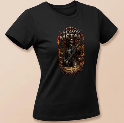 Illustration of a skeleton guitarist with heavy metal text in black, gold, and red — printed on a women's shirt