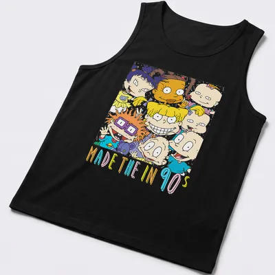Colorful cartoon characters with text 'MADE THE IN 90s' on — printed on a tank top