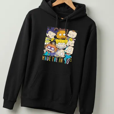 Colorful cartoon characters with text 'MADE THE IN 90s' on — printed on a unisex hoodie