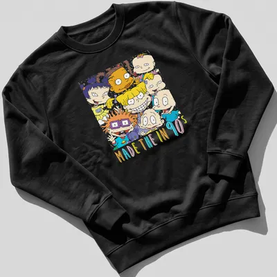 Colorful cartoon characters with text 'MADE THE IN 90s' on — printed on a unisex sweatshirt
