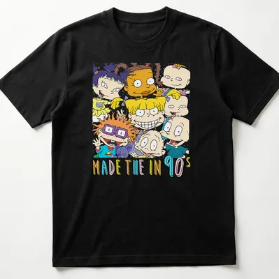 Colorful cartoon characters with text 'MADE THE IN 90s' on T-shirt
