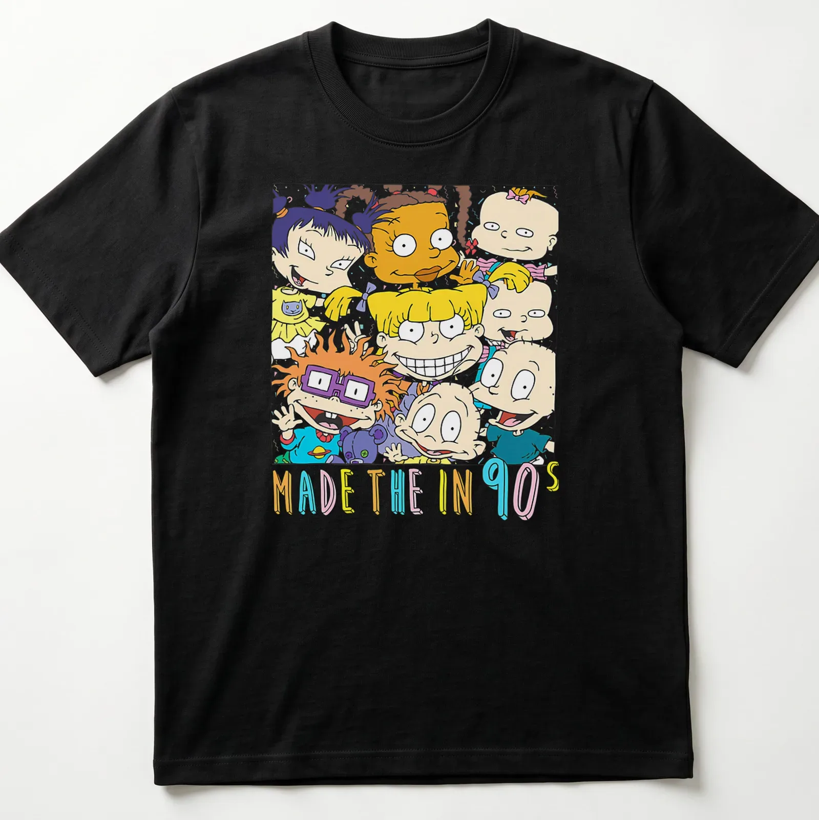 Colorful cartoon characters with text 'MADE THE IN 90s' on — printed on a unisex t-shirt