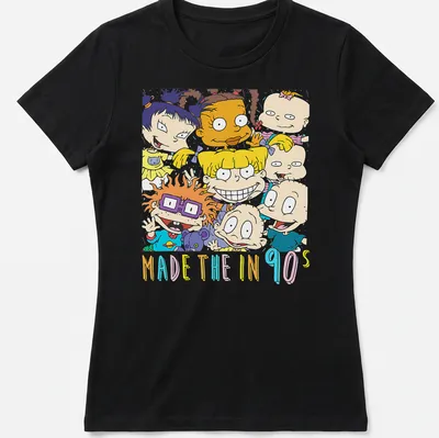 Colorful cartoon characters with text 'MADE THE IN 90s' on — printed on a women's shirt