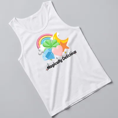 Colorful cartoon t-shirt with rainbow charms and the text Magically Delicious — printed on a tank top