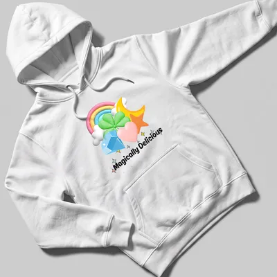 Colorful cartoon t-shirt with rainbow charms and the text Magically Delicious — printed on a unisex hoodie