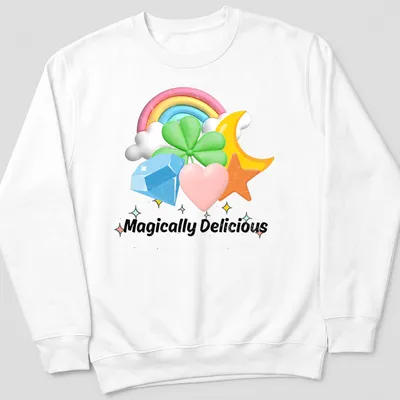 Colorful cartoon t-shirt with rainbow charms and the text Magically Delicious — printed on a unisex sweatshirt