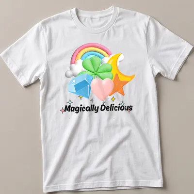 Colorful cartoon t-shirt with rainbow charms and the text Magically Delicious