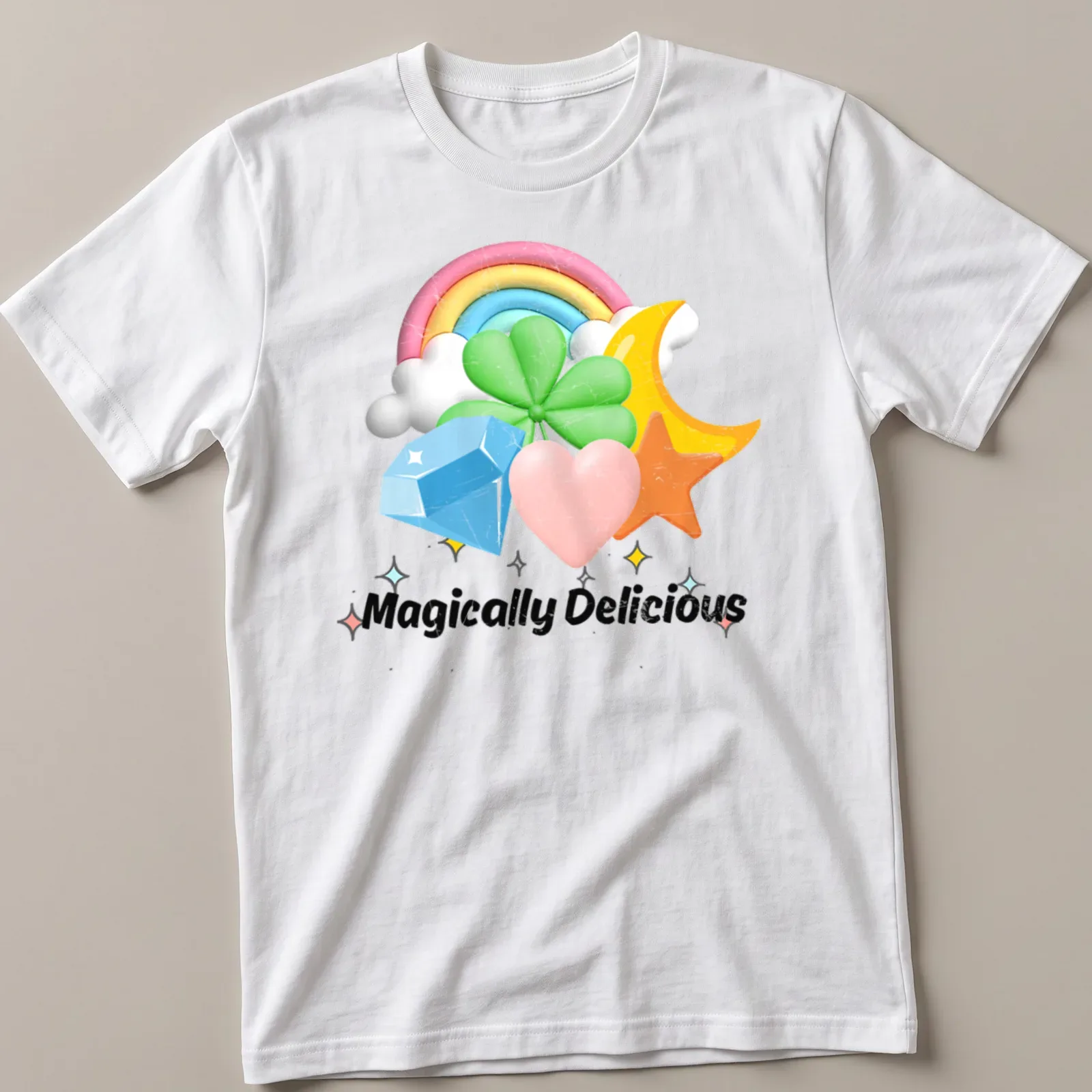 Colorful cartoon t-shirt with rainbow charms and the text Magically Delicious — printed on a unisex t-shirt