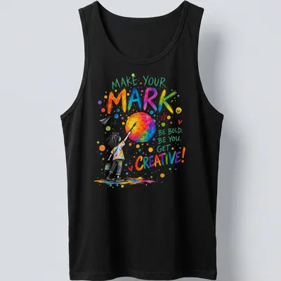 Colorful watercolor graphic of a child painting a planet with inspirational text. — printed on a tank top