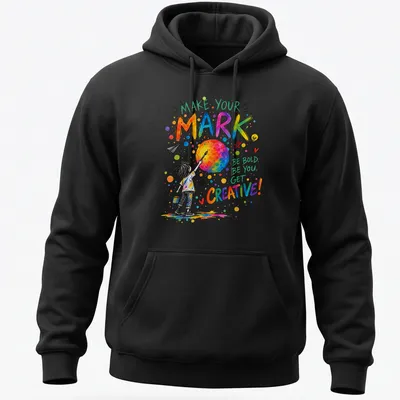 Colorful watercolor graphic of a child painting a planet with inspirational text. — printed on a unisex hoodie