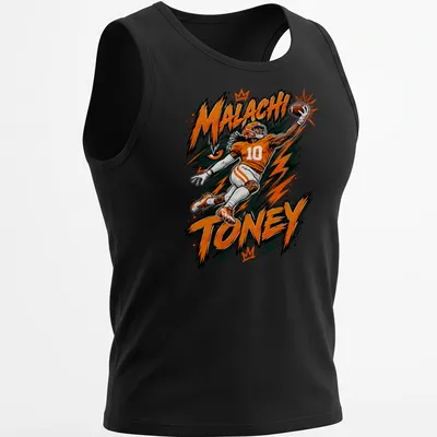 Dynamic comic style shirt featuring football player Malachi Toney in orange and black. — printed on a tank top