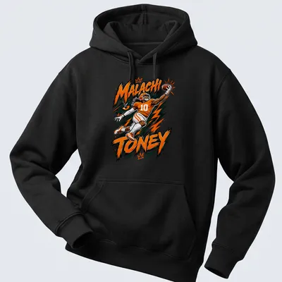 Dynamic comic style shirt featuring football player Malachi Toney in orange and black. — printed on a unisex hoodie
