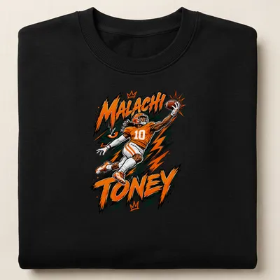 Dynamic comic style shirt featuring football player Malachi Toney in orange and black. — printed on a unisex sweatshirt