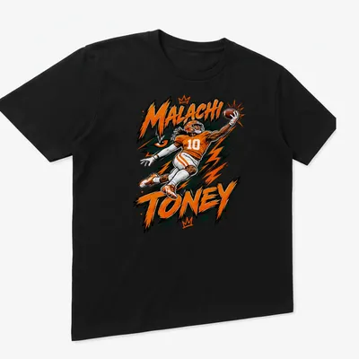 Dynamic comic style shirt featuring football player Malachi Toney in orange and black. — printed on a unisex t-shirt (angled view)