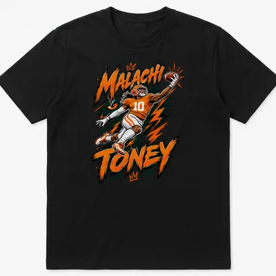 Dynamic comic style shirt featuring football player Malachi Toney in orange and black. — printed on a unisex t-shirt