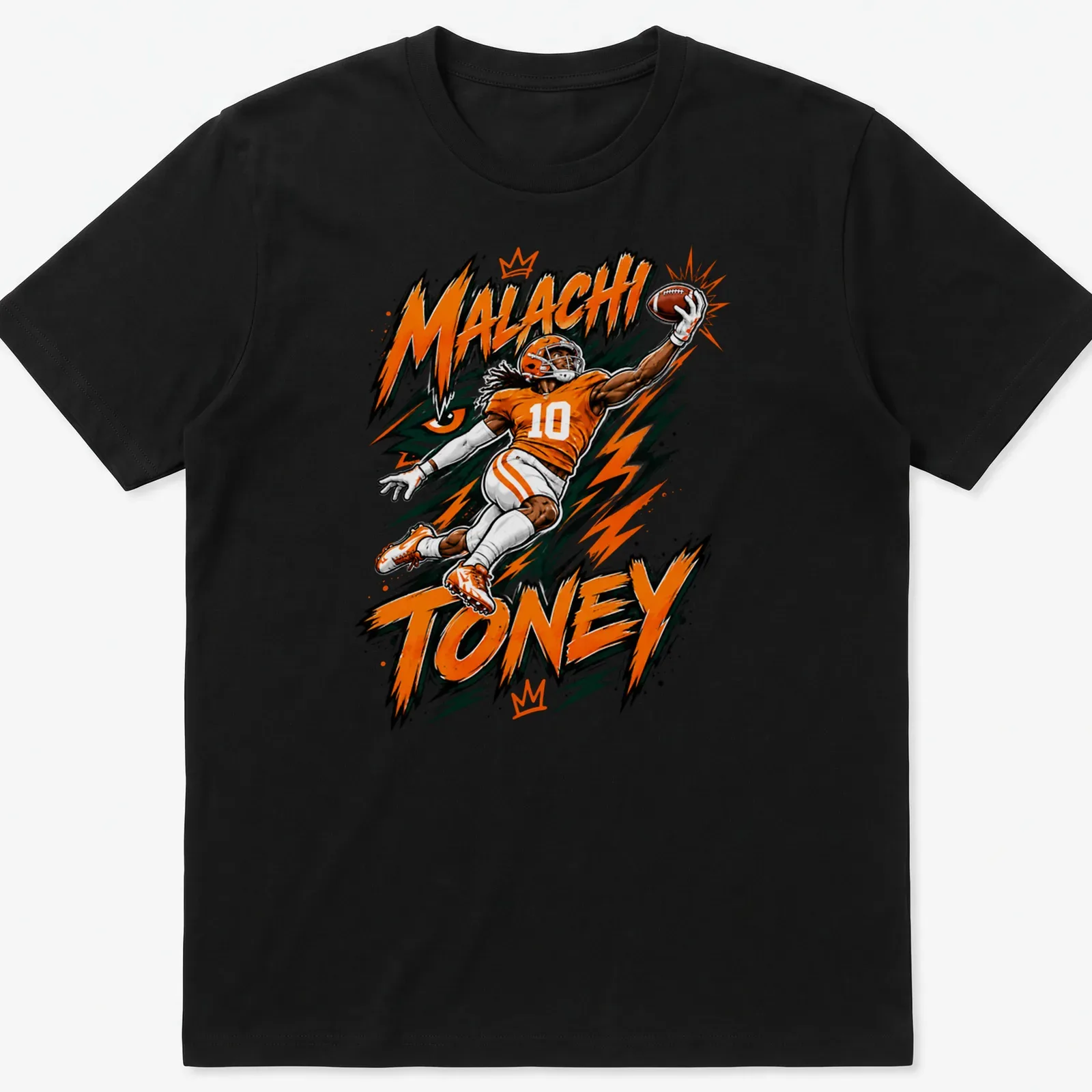 Dynamic comic style shirt featuring football player Malachi Toney in orange and black. — printed on a unisex t-shirt