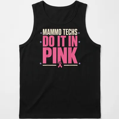 Breast Imaging T-shirt with bold text celebrating mammography techs in pink — printed on a tank top