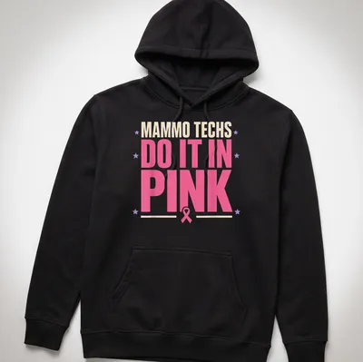 Breast Imaging T-shirt with bold text celebrating mammography techs in pink — printed on a unisex hoodie