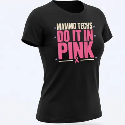 Breast Imaging T-shirt with bold text celebrating mammography techs in pink — printed on a women's shirt