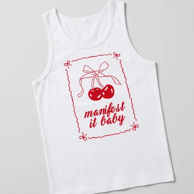Kawaii line-art shirt with cherries and a bow, featuring "manifest it baby" text — printed on a tank top