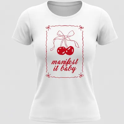 Kawaii line-art shirt with cherries and a bow, featuring "manifest it baby" text — printed on a women's shirt