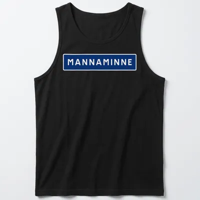 Bold sans-serif MANNAMINNE text in navy blue on a white background — printed on a tank top