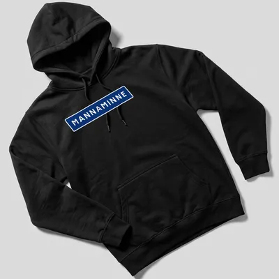 Bold sans-serif MANNAMINNE text in navy blue on a white background — printed on a unisex hoodie