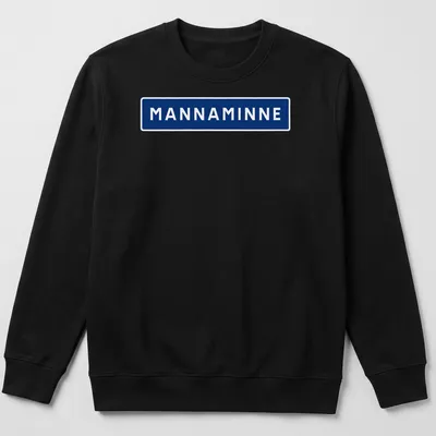 Bold sans-serif MANNAMINNE text in navy blue on a white background — printed on a unisex sweatshirt