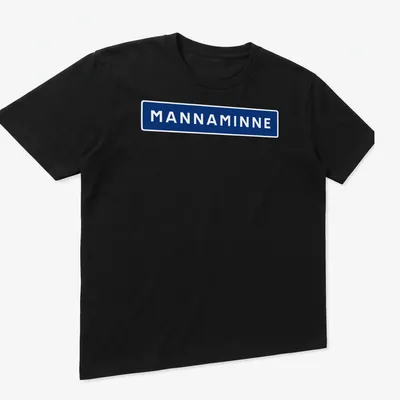 Bold sans-serif MANNAMINNE text in navy blue on a white background — printed on a unisex t-shirt (angled view)