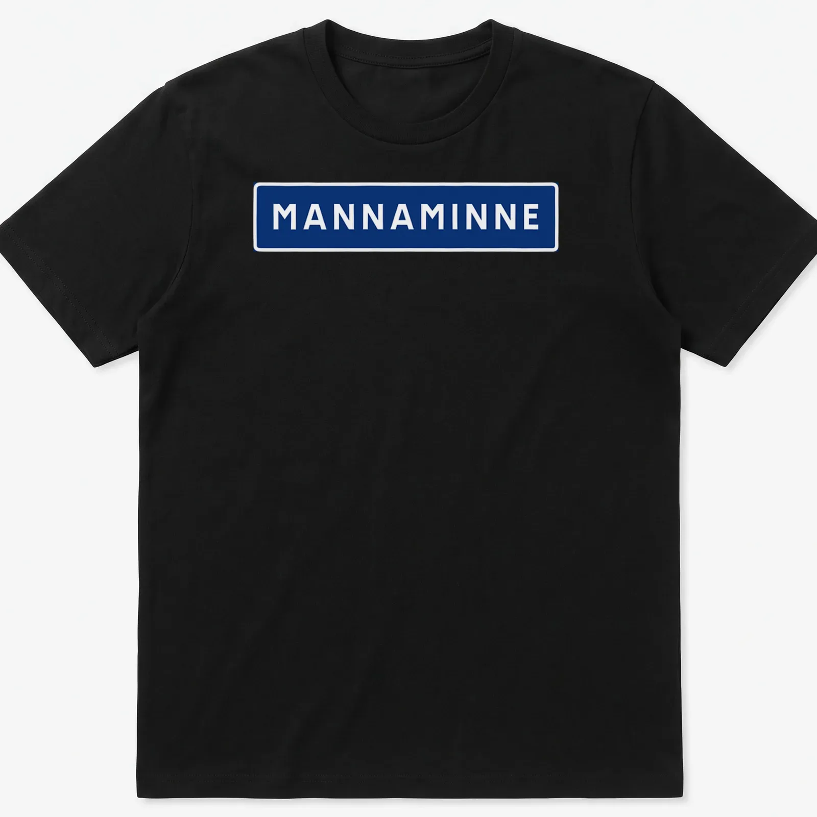 Bold sans-serif MANNAMINNE text in navy blue on a white background — printed on a unisex t-shirt