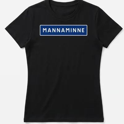 Bold sans-serif MANNAMINNE text in navy blue on a white background — printed on a women's shirt