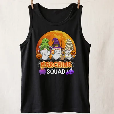 Cute cartoon gnomes in Halloween attire with musical instruments under the word Marching — printed on a tank top