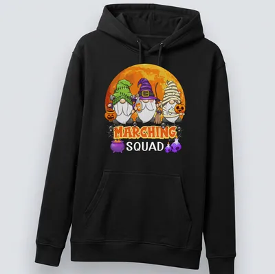 Cute cartoon gnomes in Halloween attire with musical instruments under the word Marching — printed on a unisex hoodie