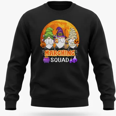 Cute cartoon gnomes in Halloween attire with musical instruments under the word Marching — printed on a unisex sweatshirt