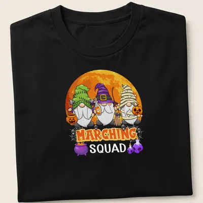 Cute cartoon gnomes in Halloween attire with musical instruments under the word Marching