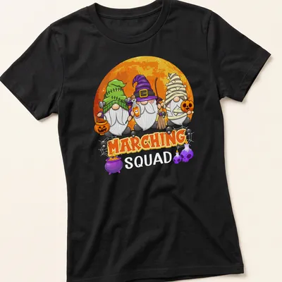 Cute cartoon gnomes in Halloween attire with musical instruments under the word Marching — printed on a women's shirt