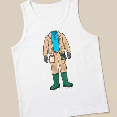 Cartoon marine biologist in fishing gear illustration on a beige — printed on a tank top