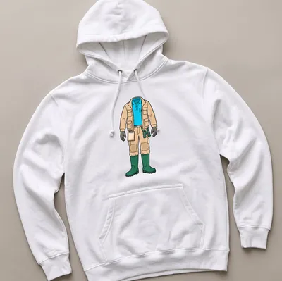 Cartoon marine biologist in fishing gear illustration on a beige — printed on a unisex hoodie