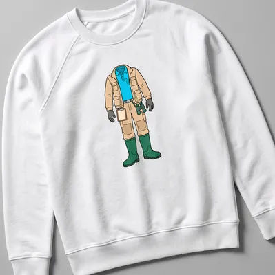Cartoon marine biologist in fishing gear illustration on a beige — printed on a unisex sweatshirt