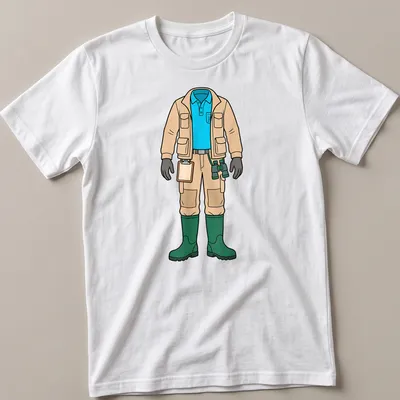 Cartoon marine biologist in fishing gear illustration on a beige — printed on a unisex t-shirt