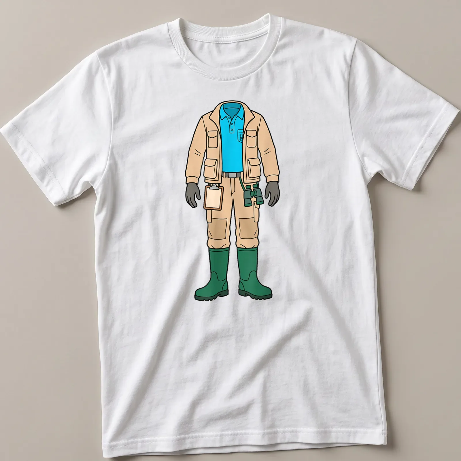 Cartoon marine biologist in fishing gear illustration on a beige — printed on a unisex t-shirt