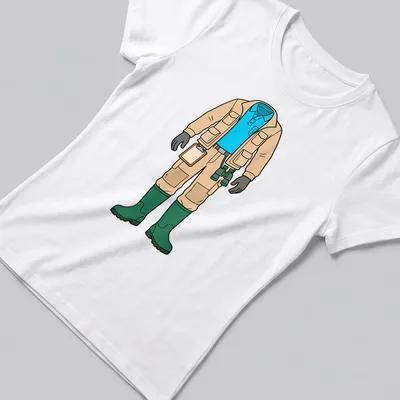 Cartoon marine biologist in fishing gear illustration on a beige — printed on a women's shirt