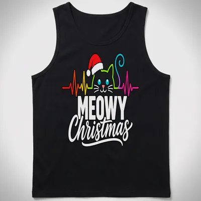Colorful line-art design of a cat in a Santa hat with Christmas text — printed on a tank top