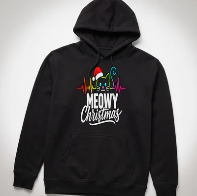 Colorful line-art design of a cat in a Santa hat with Christmas text — printed on a unisex hoodie