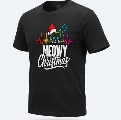 Colorful line-art design of a cat in a Santa hat with Christmas text — printed on a unisex t-shirt