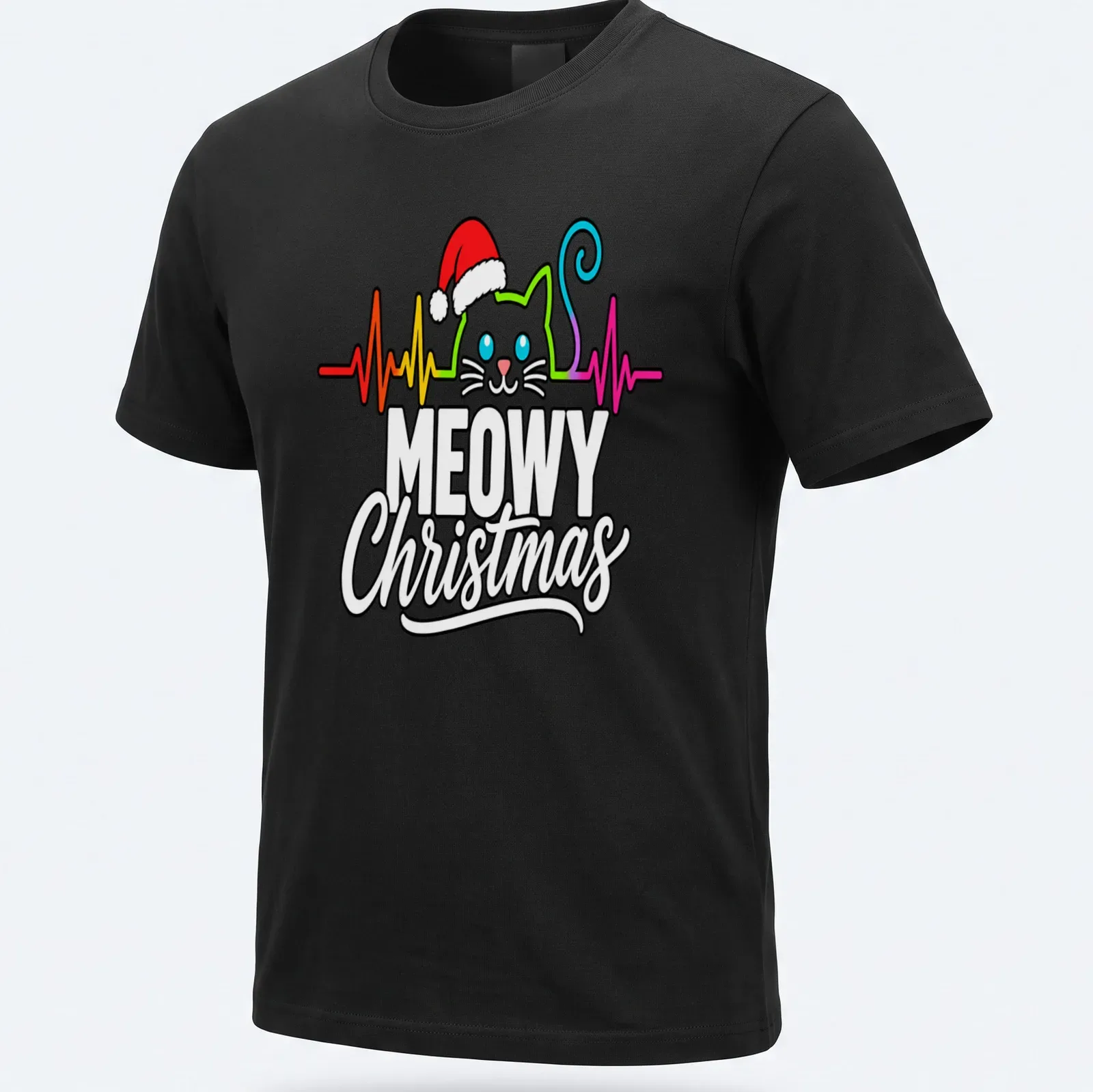 Colorful line-art design of a cat in a Santa hat with Christmas text — printed on a unisex t-shirt
