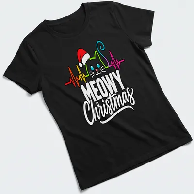 Colorful line-art design of a cat in a Santa hat with Christmas text — printed on a women's shirt