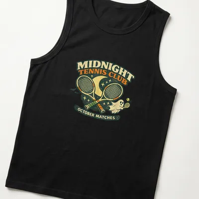 Retro distressed graphic of a ghost playing tennis with Halloween colors — printed on a tank top