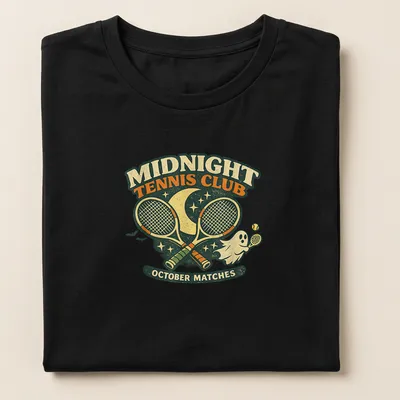 Retro distressed graphic of a ghost playing tennis with Halloween colors — printed on a women's shirt